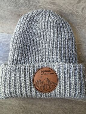 Gray Knit Beanie with Sequoia National Park Leather Patch